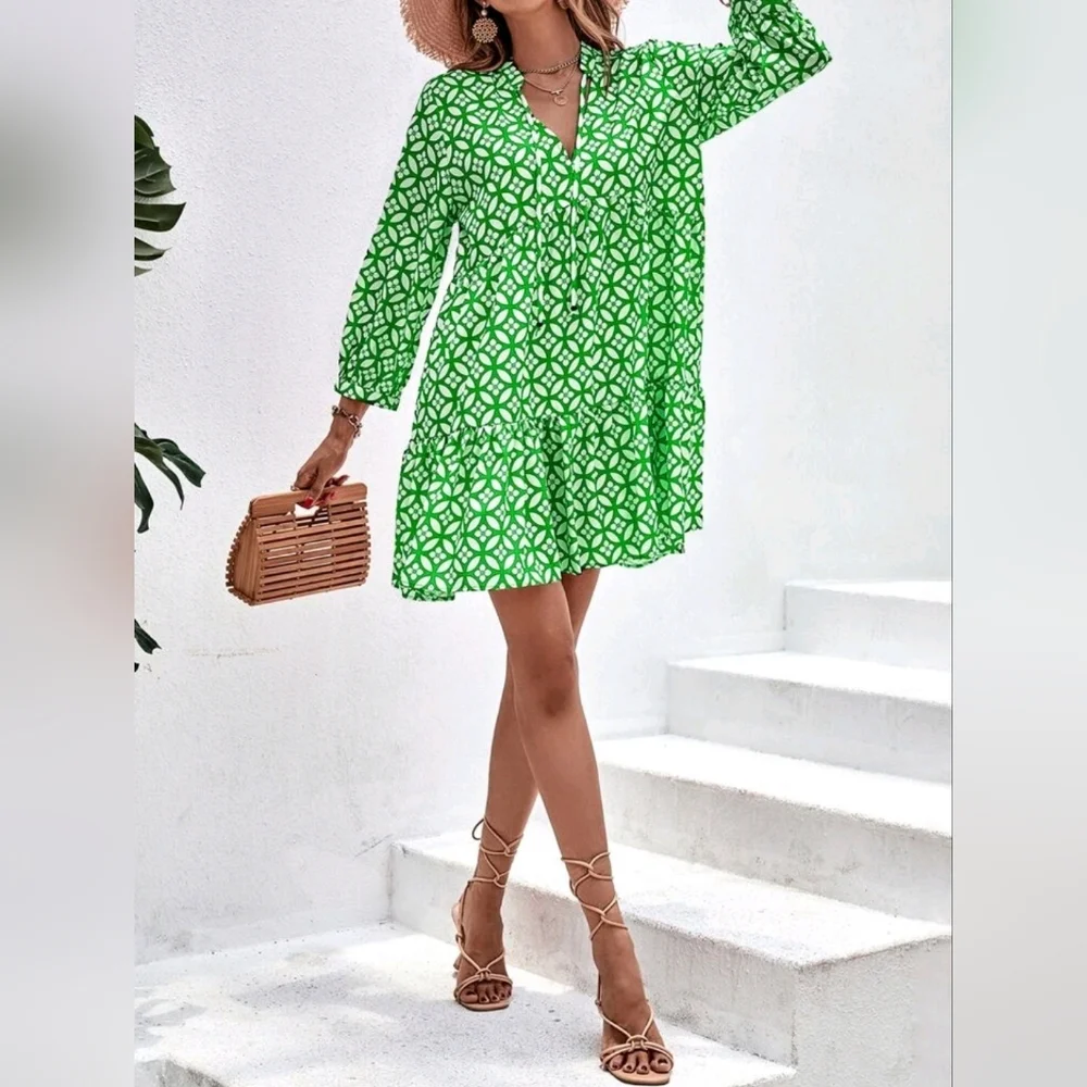 New Preppy Floral Smock Babydoll Ruffle Dress Green White - Picture 6 of 8